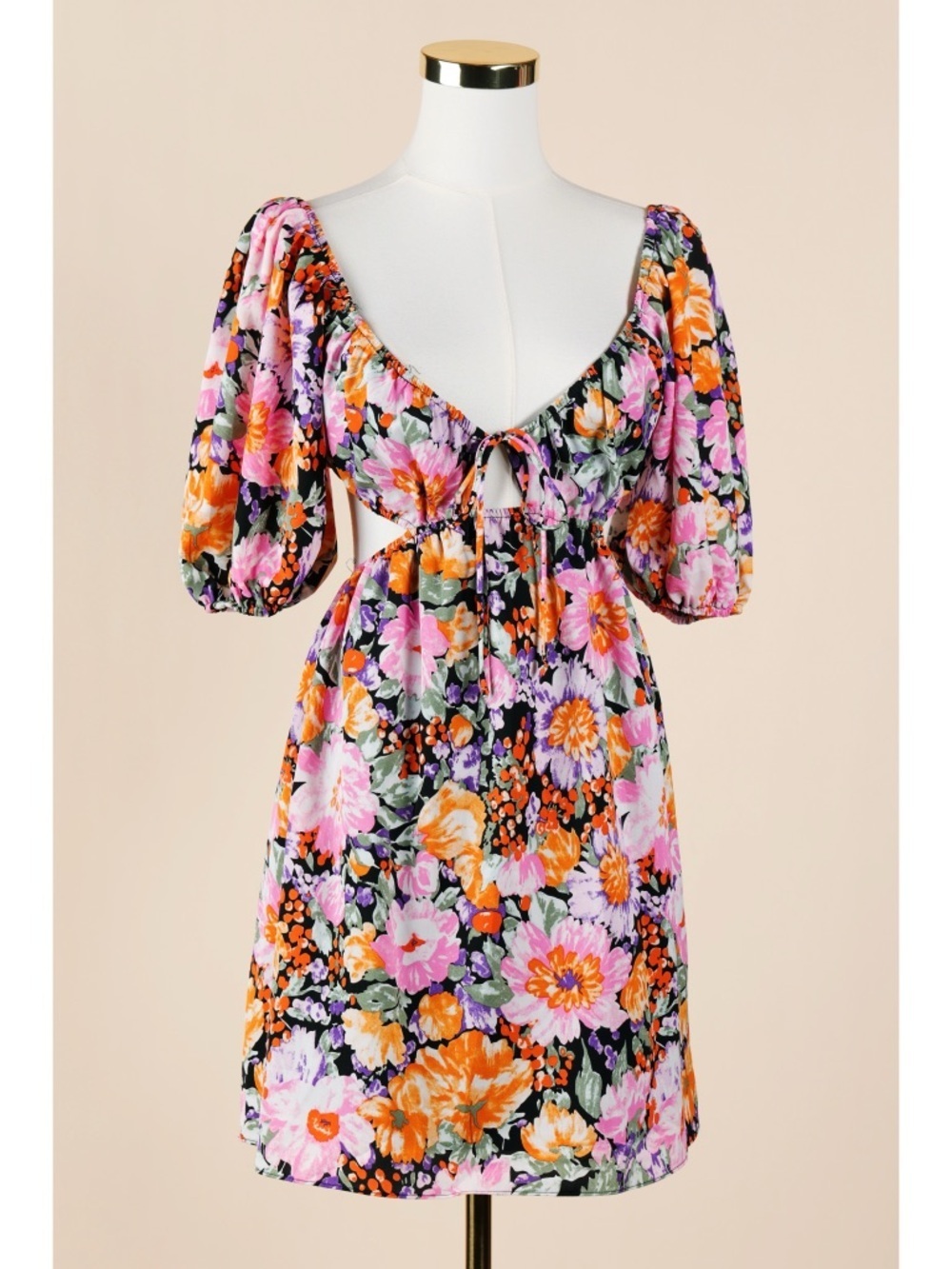 Sz 4 All About May Black & Pink Floral Cutout Short Puff Sleeve Mini Dress EUC